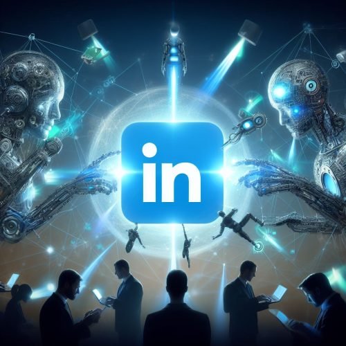 a conceptual collaboration between LinkedIn and AI, symbolizing the fusion of human networking with AI innovation within a professional social media context. LinkedIn Introduces New AI-Powered Features.